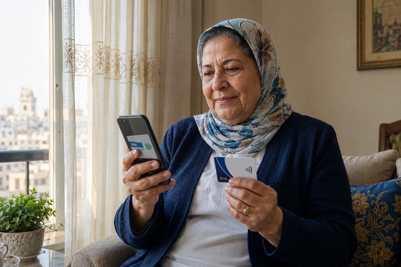 Older Egyptian woman using a medication app and holding an NFC health card at home in Cairo